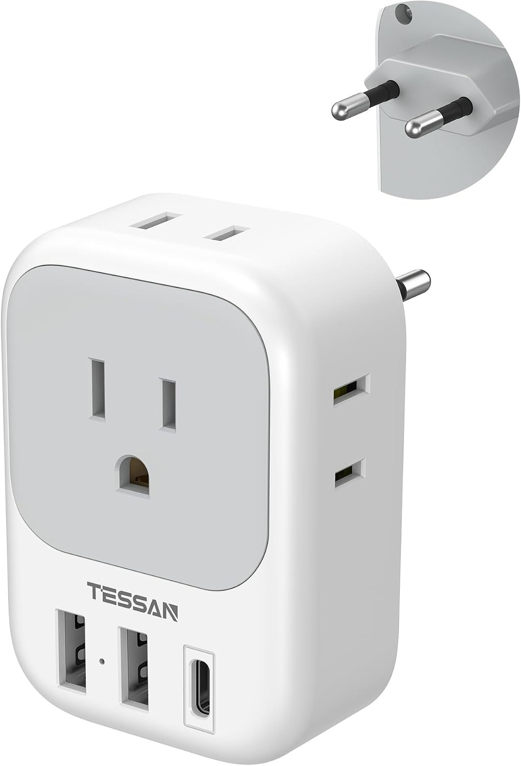 TESSAN Adaptador Europeo Viaje, Enchufe Europeo de Corriente con 4 CA 3 USB | 1 Tipo C y 2 Conectores USB A, Cargador Universal Americano México a Eur